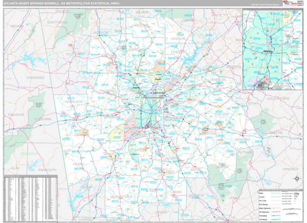 Atlanta-Sandy Springs-Roswell, GA Metro Area Wall Map